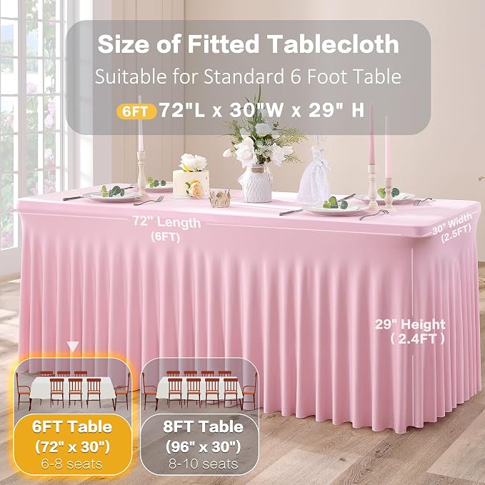 3pk Baby Pink Spandex Tablecloths for 6 Foot Rectangle Tables, Stretch Table Cloths 6FT Pink Fitted Table Cover Desk Skirt for Wedding Birthday Party Baby Shower - Image 6
