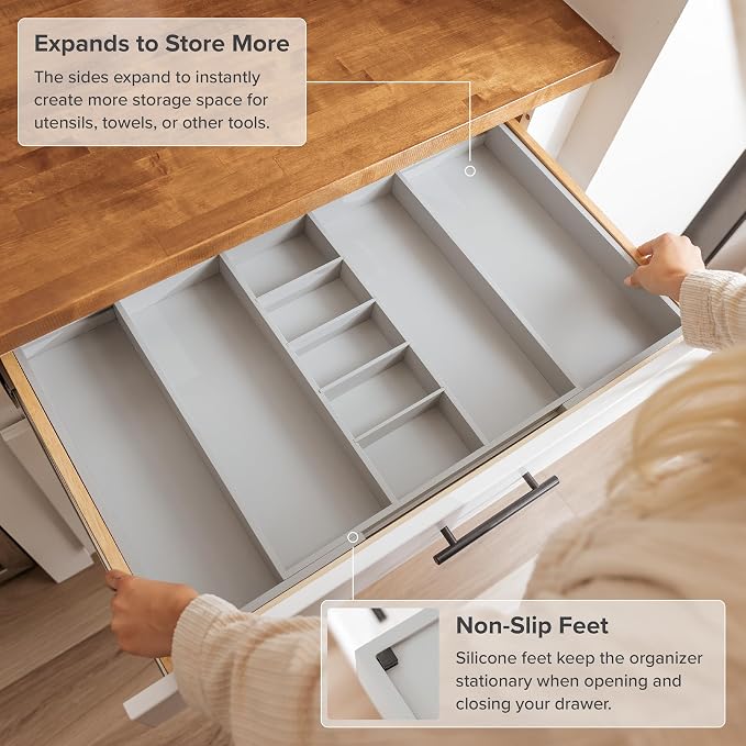 KitchenEdge Utensil & Junk Drawer Organizer, 19-33 in, Gray Bamboo | Food-safe contract grade, 100% sustainable wood, non-slip, adjustable - Image 6