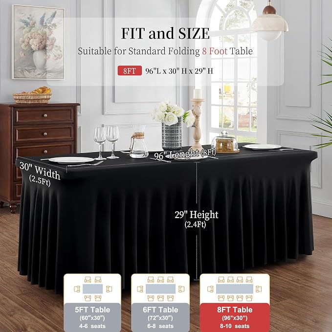 Spandex Tablecloth 8FT Rectangle Table Cover 6 Pack Black Wrinkle-Free - Image 6