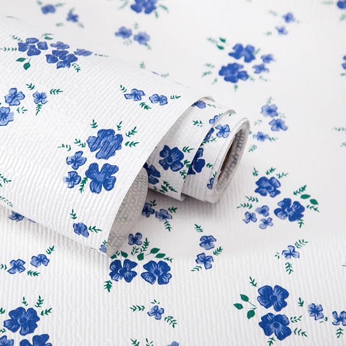 RAY STAR 18 Inch x 8 Ft Shelf Liner for Kitchen Cabinets, Non-Adhesive Cabinet Liner Washable, Drawer Liner for Dresser Non-Slip Bathroom [Blue Cream Floral](8 Rolls) by RAYSTAR