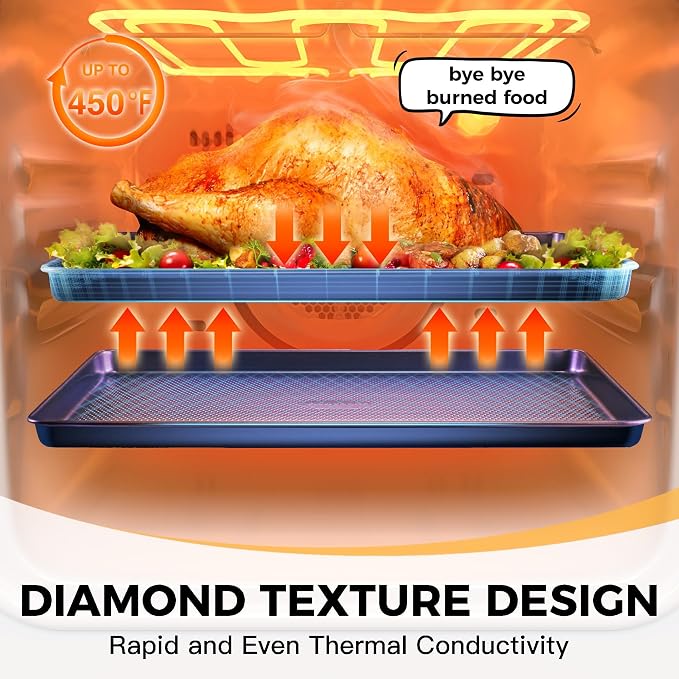 HONGBAKE 9-Piece Baking Pans Set Nonstick, Stackable Non Toxic Bakeware Sets with Diamond Texture, Oven Pan Set for Cooking, Includes Cookie Sheet with Rack, Cake Pan, Roasting Pan, Muffin Tin, Blue - Image 9