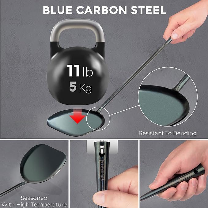 YOSUKATA 17" Blue Carbon Steel Wok Spatula and Ladle, 3 pairs Chopsticks | Durable Wok Utensils Set of 5 - Traditional Asian Cooking Tools and Accessories - Image 4