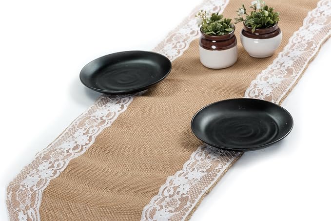 MDS 10 PCS 100% Natural Burlap Table Runners 12" x 108" with Lace, Rustic Farmhouse Country Vintage Boho Jute Runner for Wedding Reception Birthday Party Home Kitchen Dining Coffee Table Decoration by MDS