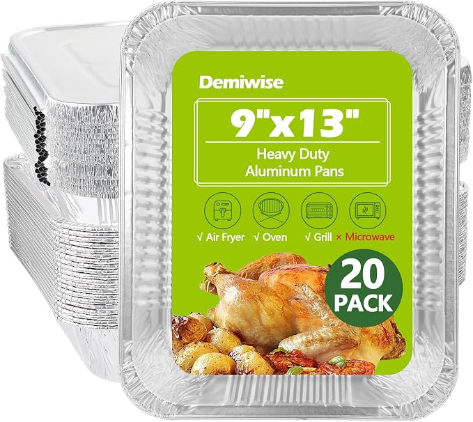 Thickened 20 Pack Heavy Duty Aluminum Pans with Lids, 9x13 Aluminum Foil Pans Disposable, Half Size Steam Table Foil Baking Tray for Cooking, Baking, Roasting & Chafing, Carton Packaging by Demiwise