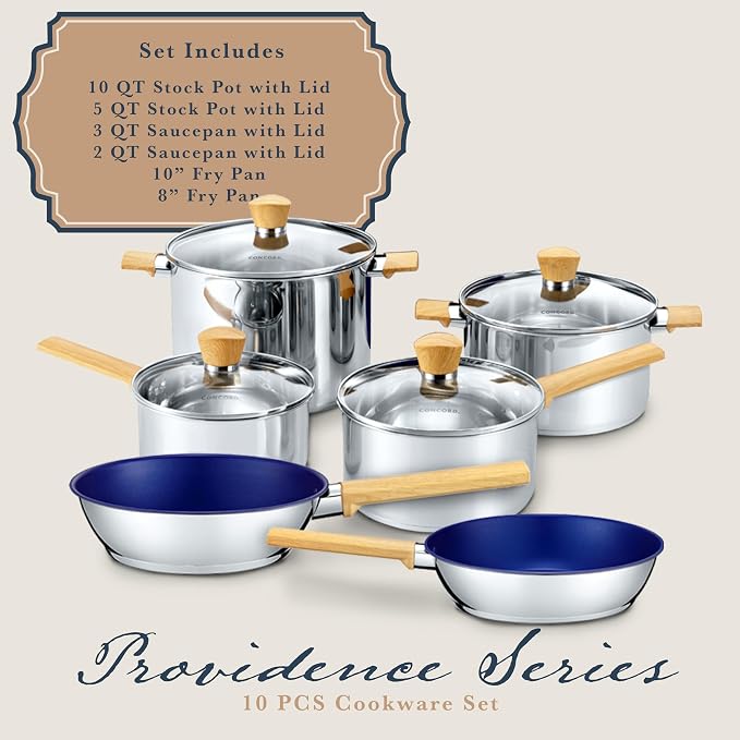 Concord 10 Piece Stainless Steel Cookware Set, includes Saucepans, Stock Pots and Pans/Skillets - Image 2