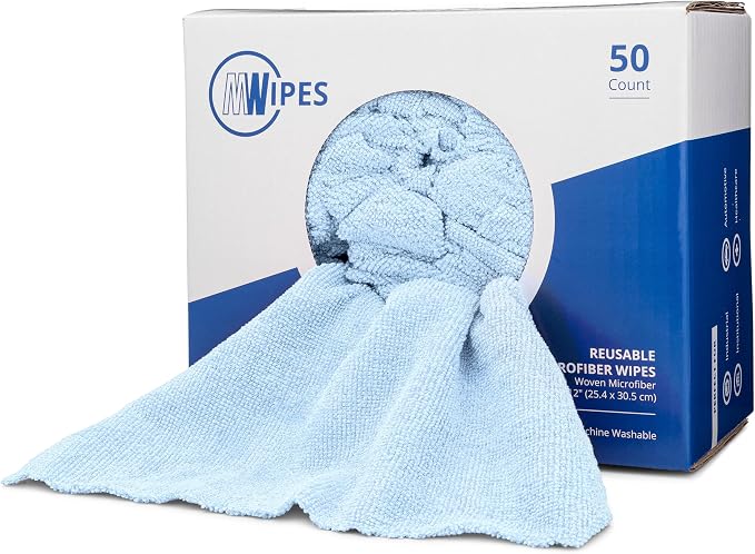 Microfiber Rags in A Box (50 Count) - Mwipes - 10" x 12" Reusable Wipes for Cleaning - Edgeless Terry Towels, Shop Rags, Wash, Dust, Disposable, House, Small Cleaning Cloths (Blue) by MicrofiberWholesale