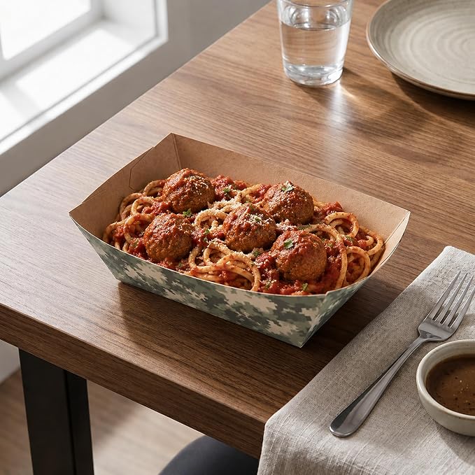Restaurantware-Bio Tek 1/2 Pound Food Trays, 400 Disposable Paper Food Trays - Heavy-Duty, Greaseproof, Camouflage Paper Food Boats, For Snacks, Appetizers, Or Treats, Use At Parties Or Carnivals - Image 4