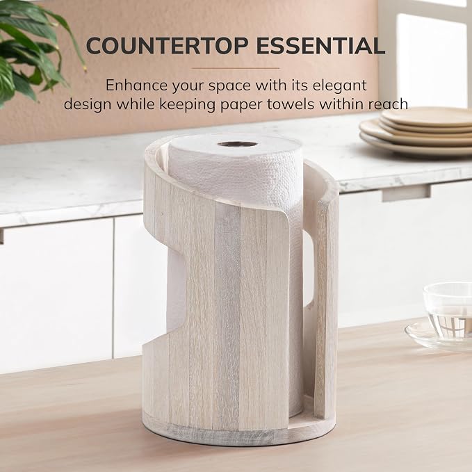 Anji Mountain Wooden Paper Towel Holder with Metal Holder, Holder Stand for Kitchen Roll Organizer & Kitchen Dining Table Home Décor, Countertop Fits Jumbo & Mega Rolls - Whitewash/Nickel, Arc Hold - Image 6