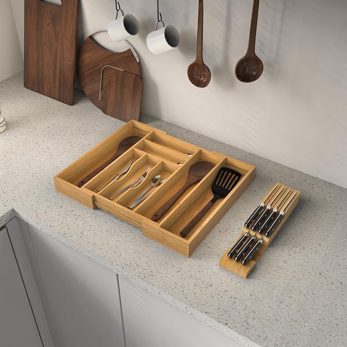 Bamboo Silverware Drawer Organizer, 6-8 Slots Kitchen Drawer Tray | 13"-21.69" Expandable, Utensil Holder & Cutlery Tray with Removable Knife Block, Hold 7 Knives, 2.36" Deep for Extra Capacity - Image 6