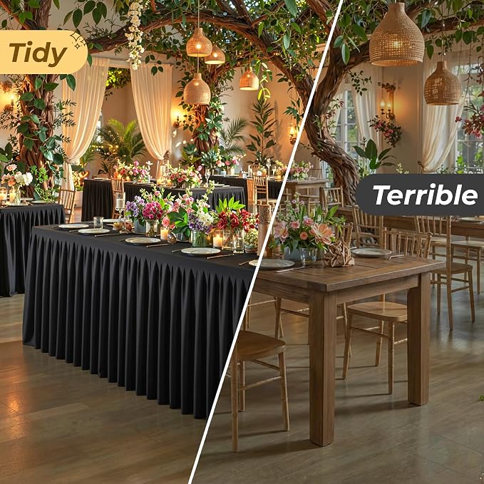 Black Polyester Table Cloths for Rectangle 4 Foot Tables, 1 Pack Wrinkle Free Tablecloths Stretchy Banquet Ruffle Fitted Table Cover Desk Skirt for Parties Wedding Birthday Baby Shower - Image 6