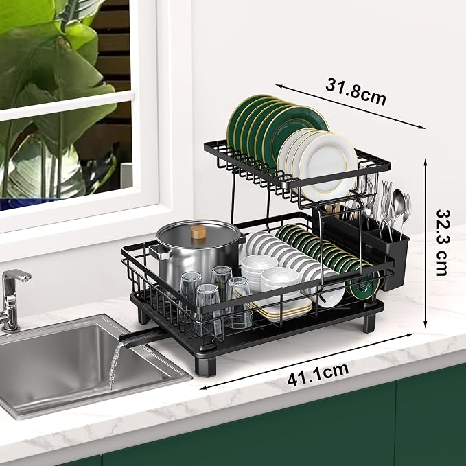 Rottogoon Large Dish Drying Rack 2-Tier Stainless Steel Dish Racks for Kitchen Counter Durable Dish Drainer with Drainboard Drainage Utensil Holder for Various Kitchenware Black - Image 2