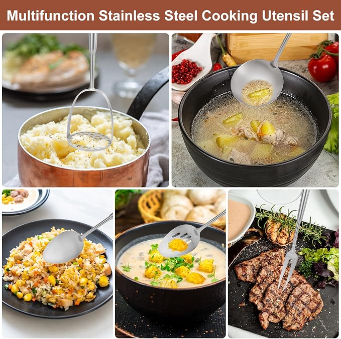 304 Stainless Steel Cooking Utensils Set, 10pcs Long Metal Kitchen Utensils Set Come with Spoon, Potato Press, Spatula, Ladle, Skimmer, Turner, Pasta Server - Image 6