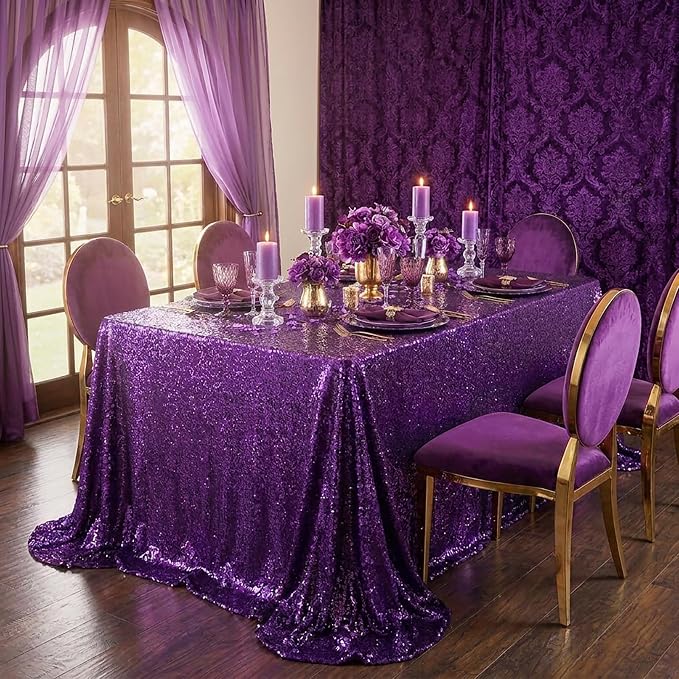 Rectangle Sequin Tablecloth 90x156 Inch Glitter Purple Party Tablecloth - Image 3