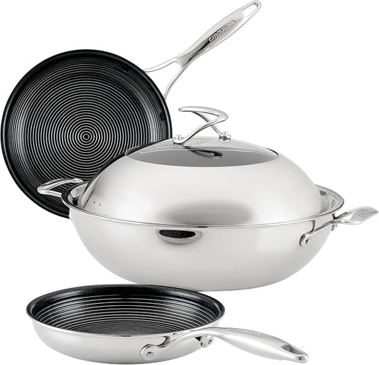 Circulon Clad Stainless Steel Induction Frying Pan and Wok Set with Hybrid SteelShield and Nonstick Technology, 4 Piece - Stainless Steel by Circulon