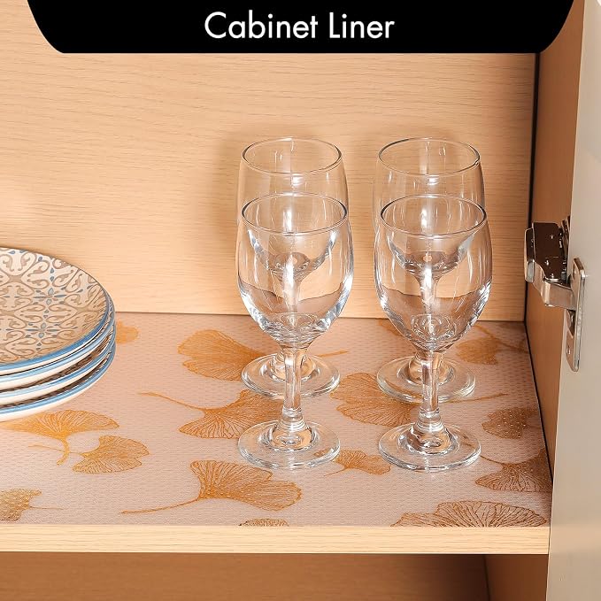 Cooyes Shelf Liner, Non Adhesive Drawer and Cabinet Liner, EVA Washable Oil-Proof Shelf Paper for Kitchen Cabinets, Refrigerator, Storage, Desks with Modern Pattern （Gold Ginkgo，11.8" W x 360" L） - Image 3