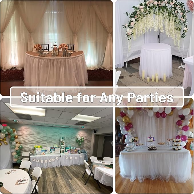 204in White Tulle Table Skirts for Rectangle Tables 6ft 8ft, 2-Layer Gold Grim Ruffle Tulle Tutu Cloth Table Skirt 17ft Long for Wedding Birthday Party Baby Shower Cake Dessert Tables(No Table Cover) - Image 7