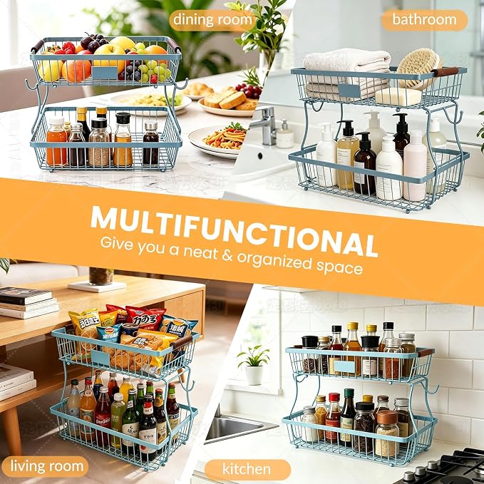 2-Tier Stackable Wire Basket with 2 Banana Hooks, Pantry Organizer for Kitchen Countertops, Cabinets & Under-Sink Spaces; Ideal for Storing Snacks, Fruits, Veggies, Onions, Potatoes, & More,Blue - Image 5