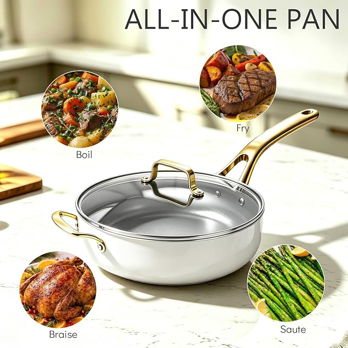 10-in-1 White Ceramic Nonstick Deep Saute Pan Set With Steamer & Lid, 4QT - Image 2