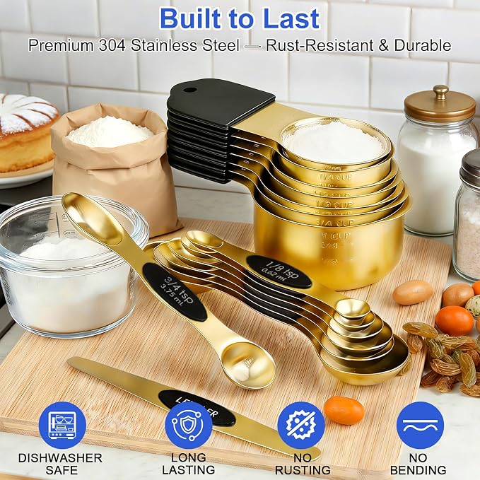 Magnetic Measuring Cups and Spoons Set, Strong N52 Magnets, Heavy Duty 304 Stainless Steel Fits in Spice Jars for Baking & Cooking, BPA Free, Round Set of 15 with Leveler,Gold - Image 2