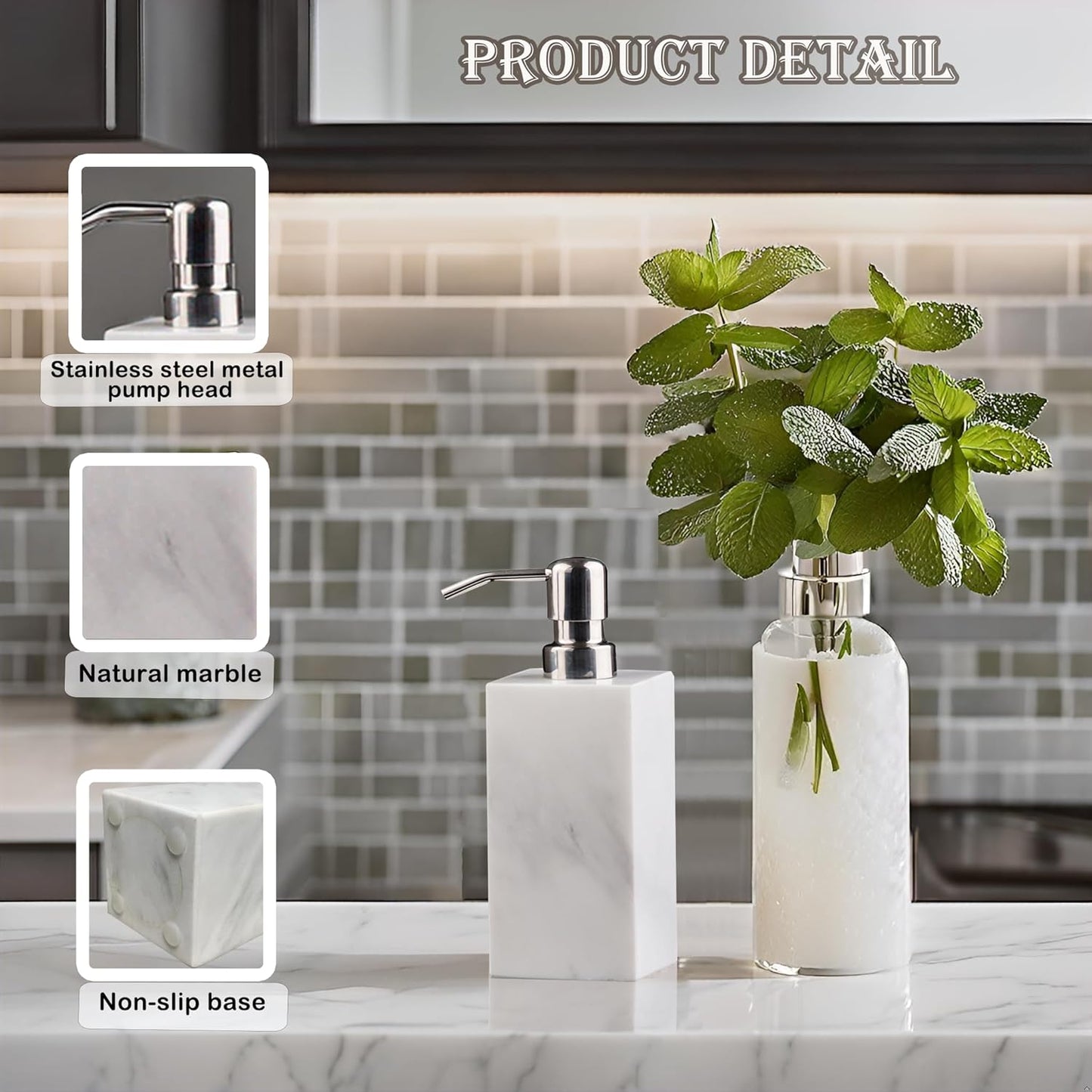 Hand Liquid&Lotion Soap Dispenser Pump Bottle Natural Marble for Kitchen Bathroom Countertop Laundry Room Holds Dish Soap Shampoo Laundry Liquid Shower Gel (Sir White)
