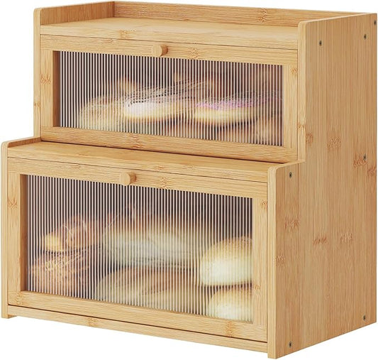 Double Layer Bamboo Bread Box for Kitchen Counter,Bread Holder,Countertop Bread Storage with Window (Natural)