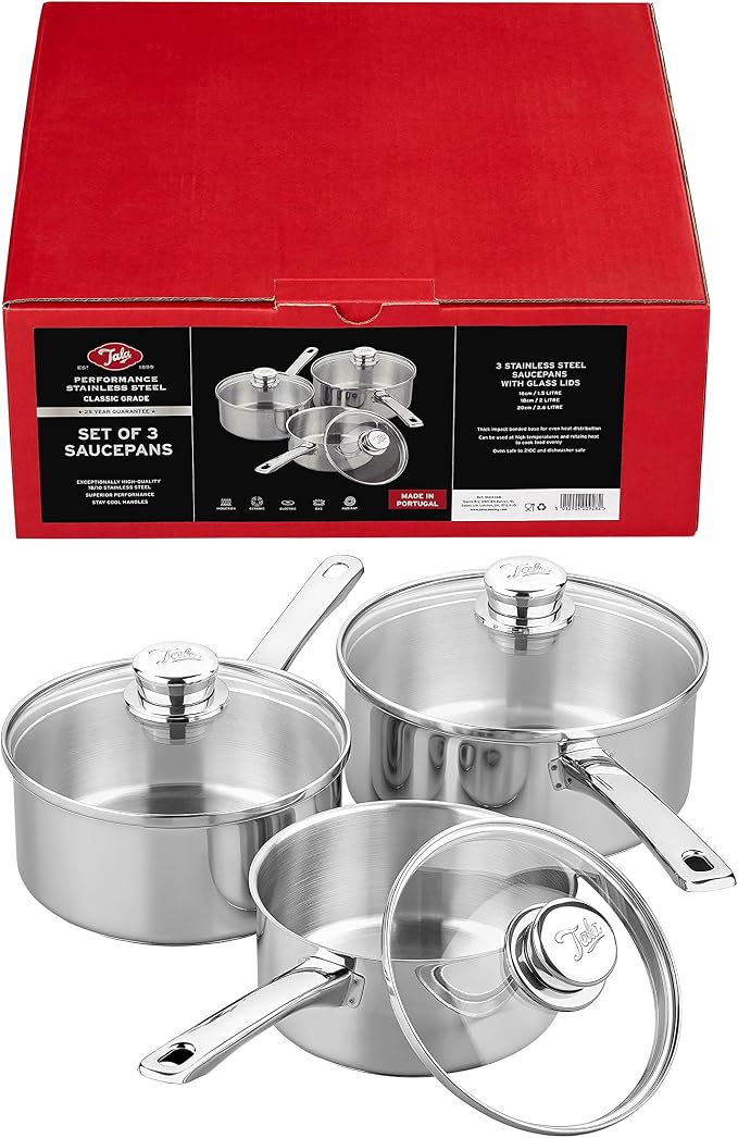 Tala Performance 3 Piece Stainless Steel Cookware Set, Saucepans with Glass lids, 16, 18 20cm. Made in Portugal, Guarantee, Suitable for All hob Types Including Induction Polished Mirror Shine Finish - Image 7