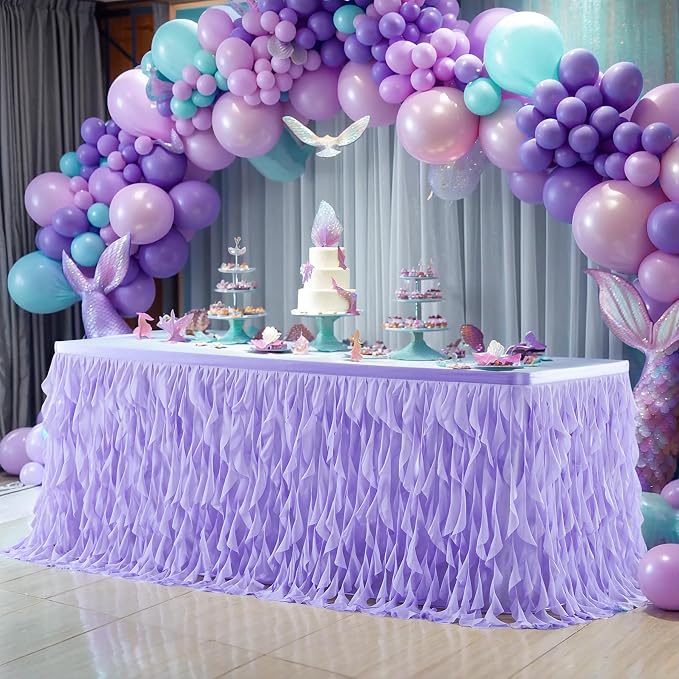 Partisky Lavender Purple Tulle Curly Willow Table Skirt for Rectangle Table 9ft, Ruffle Tutu Table Cloth for Girls Boys Baby Shower,Mermaid Birthday Party - Image 3