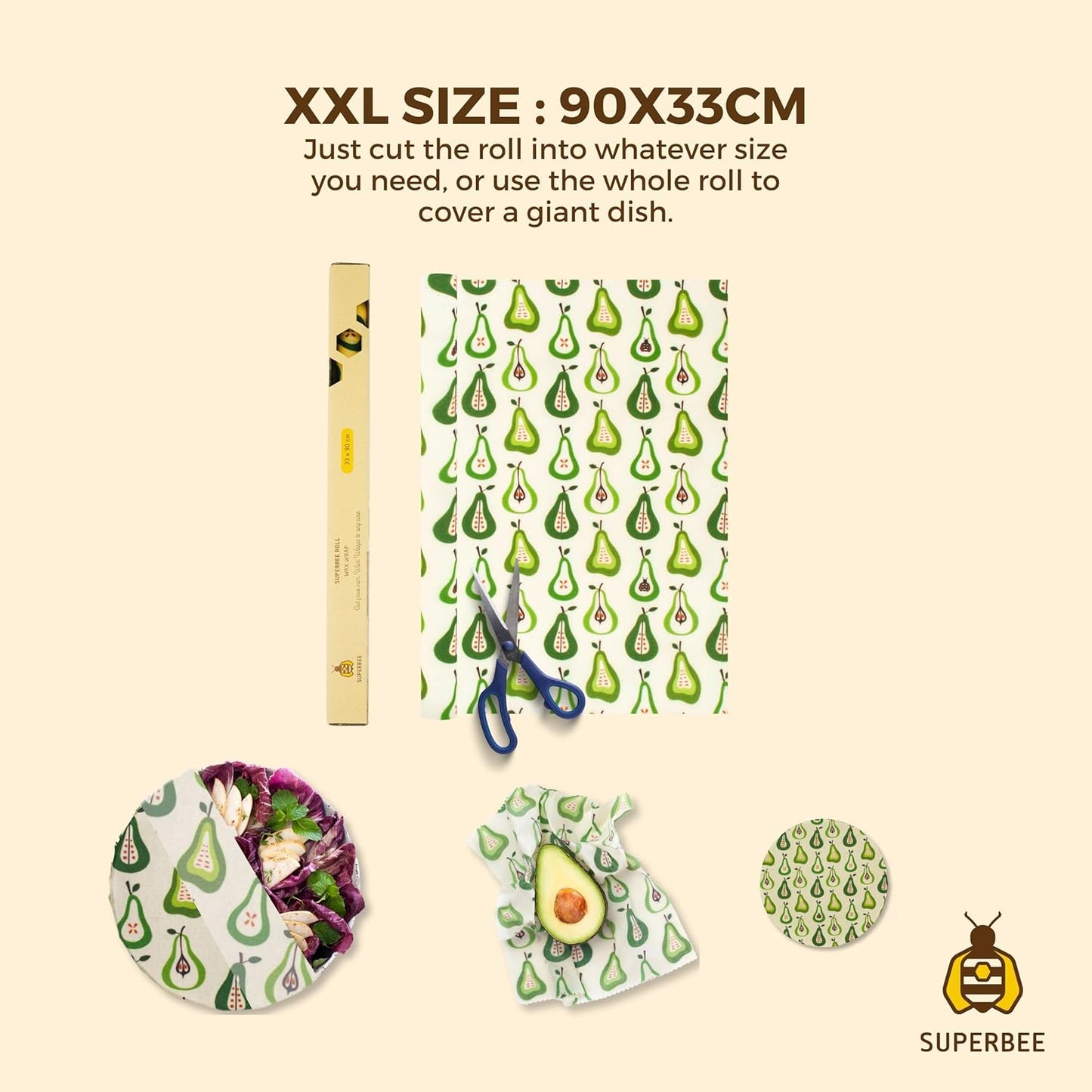 SUPERBEE Beeswax Wrap Roll XL, Reusable Beeswax Wrap for Food, Wrap Roll, Reusable Bees Wrap Paper for Wrapping Vegetables, Cheese Paper, Bowl Covers and Sandwich Wrapping Paper, Pears - 35x13"