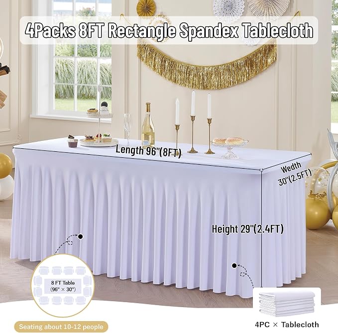 leegleri 4 Pack White Spandex 8ft Table Cloths for Rectangle Tables, Wrinkle Free Fitted Table Covers 8 Foot Stretch Tablecloths Desk Skirt for Banquet Weddings Parties Baby Shower - Image 6