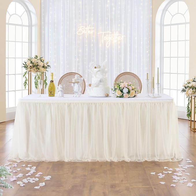 108in Ivory Tulle Table Skirts for Rectangle Tables 6/8/4ft, 2 Layer Gold Grim Ruffle Cream Tulle Tutu Table Skirt 9ft Decor Wedding Birthday Party Baby Shower Cake Dessert Tables(No Table Cover) by ENJOYYOURPARTY