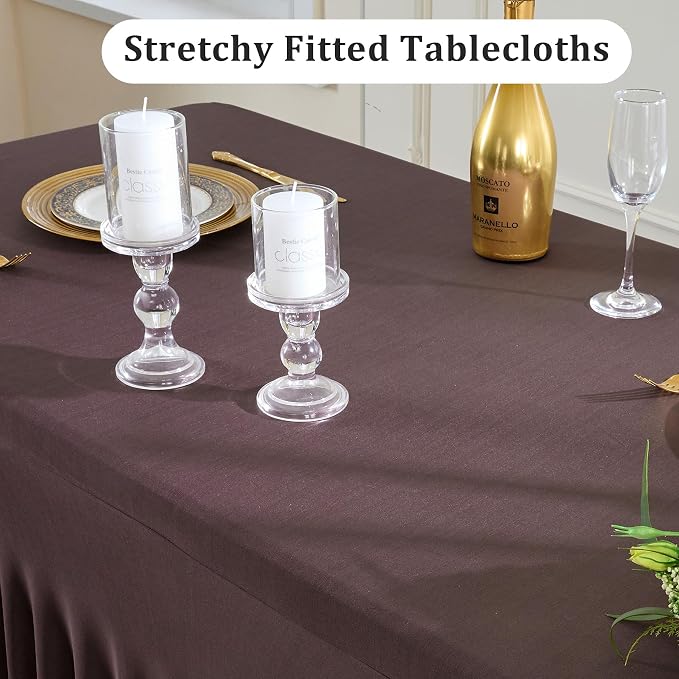 2 Pack Brown Spandex Table Clothes for 8 Foot Rectangle Tables, Wrinkle Free Fitted Table Cover 8ft Stretch Tablecloths Desk Skirt for Parties Weddings Birthday Banquet Baby Shower - Image 3