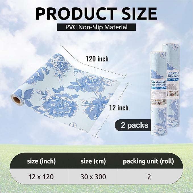 FIFTY FEET 12X120 Inch Shelf Liner for Kitchen Cabinets, PVC Drawer Liner for Dresser Non-Slip Bathroom, Non-Adhesive Cabinet Liner Washable (Blue Flower)(2 Roll) - Image 3