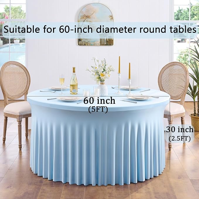 8 Pack Spandex Baby Blue Round Tablecloths for 60in Table, 120inch Stretchy Fitted 5FT Round Table Cloths, Wrinkle Free Table Cover with Skirt for Wedding Birthday Party Baby Shower Banquet - Image 4