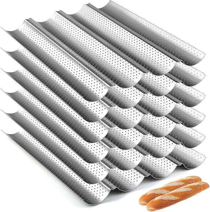 Mifoci 6 Pcs Baguette Bread Pan Nonstick Perforated Baguette Pan 15" x 13" Carbon Steel Mold 4 Wave Loaves Loaf Oven Tray for Sourdough French Bread Baking(Silver) by Mifoci