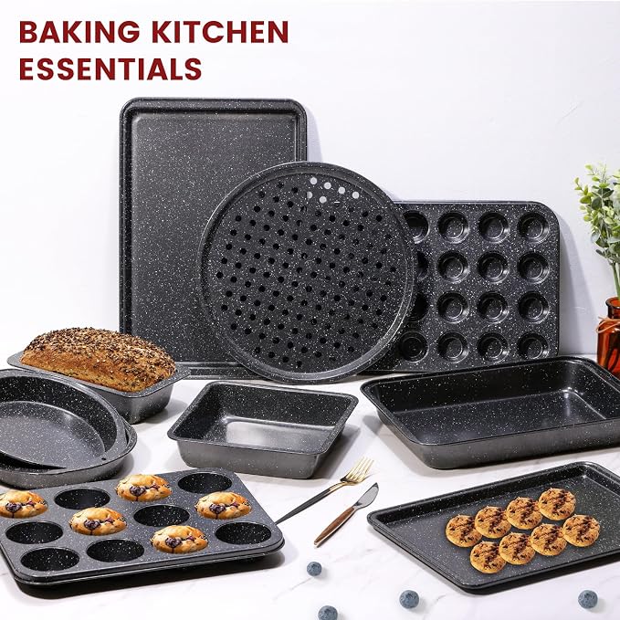 Terlulu 10-Piece Baking Pans Set, Bakeware Sets Nonstick, Baking Set for Oven Cooking, Stackable Carbon Steel Set Include Cookie Sheets, Muffin Pan, Cake Pan, Pizza Pan, Loaf Pan, Roasting Pan, Black - Image 3