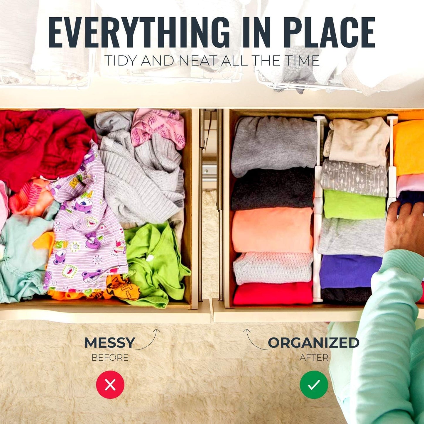 RAPTUROUS Adjustable Deep Drawer Divider – 5" Tall, Expandable 13-22", 10-Pack, Non-Slip Drawer Dividers for Clothes, Dresser, Kitchen & Office Organization (White)