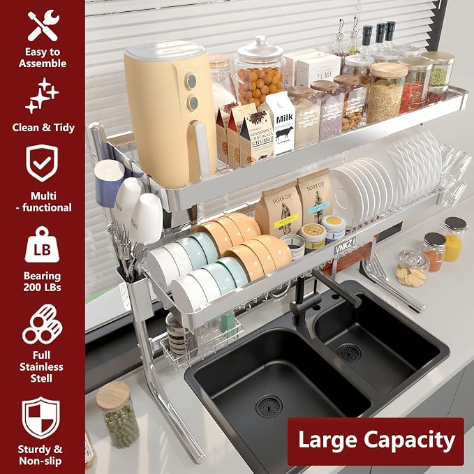 VNKZI Over Sink Dish Drying Rack, 3 Tier Full Stainless Steel Storage Adjustable Length (25.98'' to 36.61'') Kitchen Rack, Multifunctional Expandable Counter Organizer, Space Saver Dish Rack - Image 3