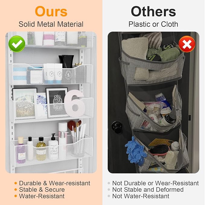 Over the Door Organizer, 2 in 1 Metal Hanging Closet Organizer & Hat Rack with 4 Adjustable Baskets, 8 Hooks, 10 Clips, Behind The Door Storage for Bedroom, Bathroom, Entrance, Closet, Kitchen, White - Image 6