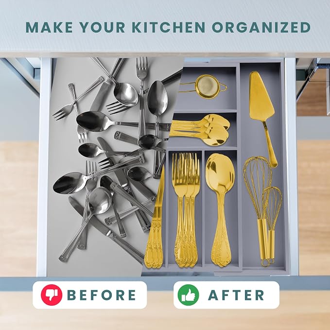 Sben Bamboo Cutlery Drawer Organizer, Gray, Large - Image 5
