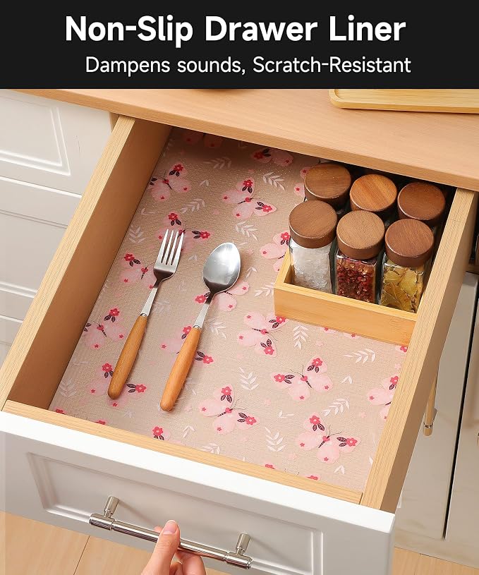 Butterfly Shelf Liner for Kitchen Cabinets, Waterproof Non Adhesive EVA Drawer Liner, Non Slip Transparent Cabinet Mat, Easy to Cut Shelf Paper for Cupboards, Table & Desk (Pink, 11.8" W x 118" L) - Image 3