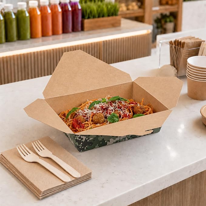 Restaurantware-Bio Tek 8.5 x 6.2 x 1.9 Inch Food Containers, 200 Durable Takeaway Boxes - Disposable, Sturdy, Camouflage Paper 49 Ounce Takeout Boxes, Rectangle, For Takeout And Delivery, Or Picnics - Image 4