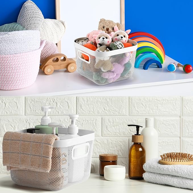 MorningRo 4 Pack Metal Mesh Basket with Hollow Handles White Wire Storage Bin for Organizing Stackable Metal Fine Mesh Basket for Pantry Bathroom Kitchen Cabinets Shelves (Medium) - Image 5