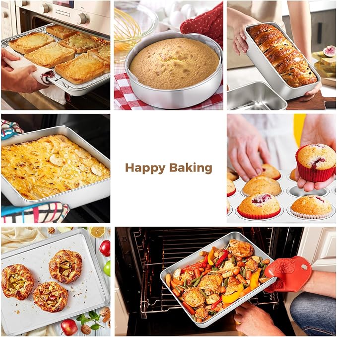 E-far 9-Piece Baking Pan Set, Stainless Steel Bakeware Sets for Sheet Cake Cookie Loaf Muffin, Include Baking Sheet, Round Square Rectangle Baking Pan & Cooling Rack, Dishwasher Safe - Image 6