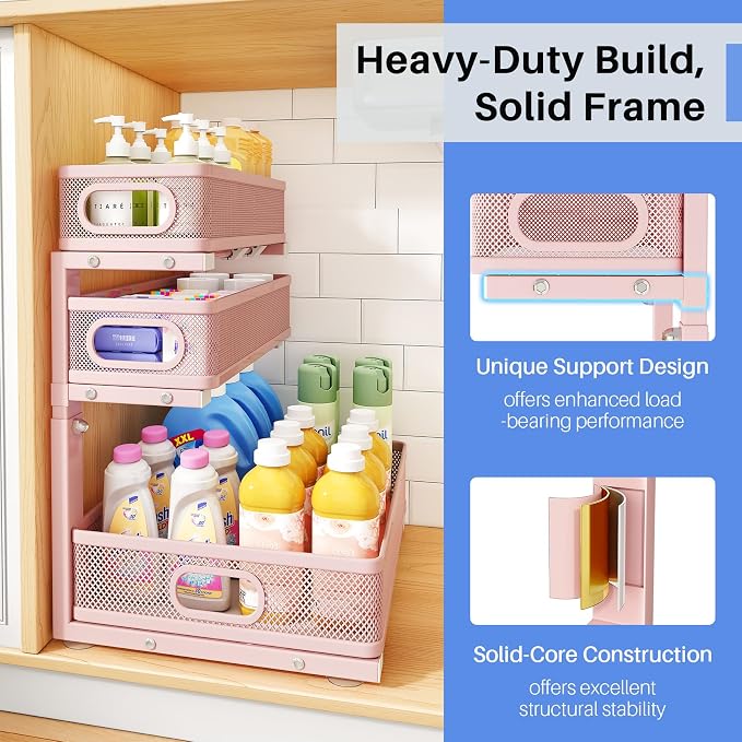 Under Sink Organizer, 3-Tier Thickened Metal Pull out Cabinet Organizer Shelf, Height Adjustable Slide out Storage Drawer Rack for Kitchen Bathroom Pantry Laundry Home Organization, 2-Pack, Pink - Image 6