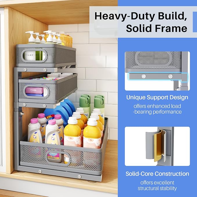 Under Sink Organizer, 3-Tier Thickened Metal Pull out Cabinet Organizer Shelf, Height Adjustable Slide out Storage Drawer Rack for Kitchen Bathroom Pantry Laundry Home Organization, 2-Pack, Grey - Image 6