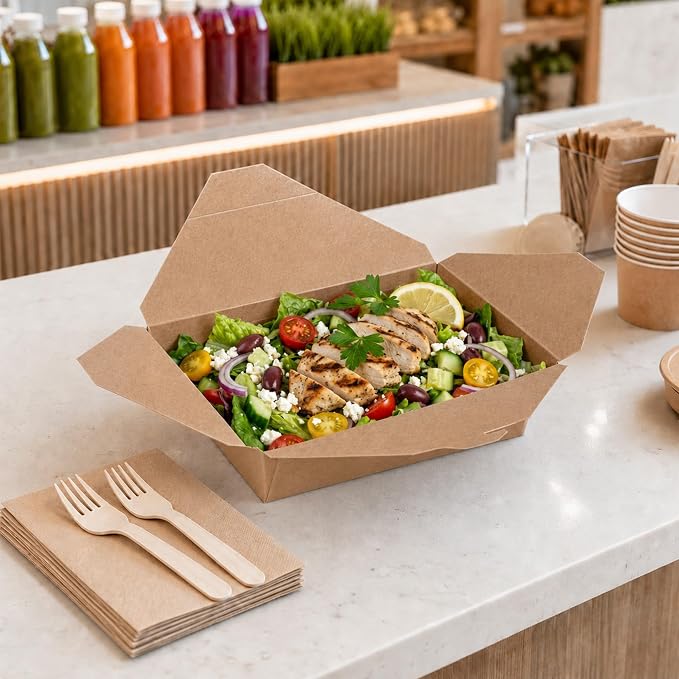 Restaurantware-Bio Tek 8.5 x 6.3 x 2 Inch Food Containers, 200 Durable Noodle Boxes - Disposable, Sustainable, Kraft Paper 49-Ounce Takeout Boxes, Rectangle, For Takeouts, Or Picnics - Image 4
