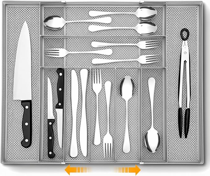 1 Pcs Utensil Drawer Silverware Organizer, Metal Mesh Expandable 13" ~24" Kitchen Drawer Organizer, 7-9 Slots Cutlery Tray Dividers for Kitchen Flatware Christmas Housewarming Gift (Sliver) by Unknown