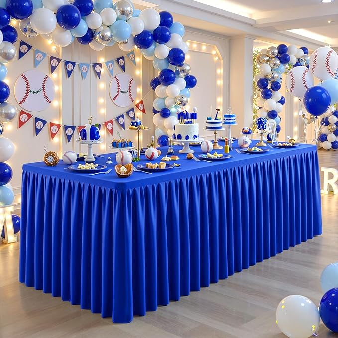 Royal Blue Polyester Table Cloths for Rectangle 8 Foot Tables, 6 Pack Wrinkle Free Tablecloths Stretchy Banquet Ruffle Fitted Table Cover Desk Skirt for Parties Wedding Birthday Baby Shower - Image 7