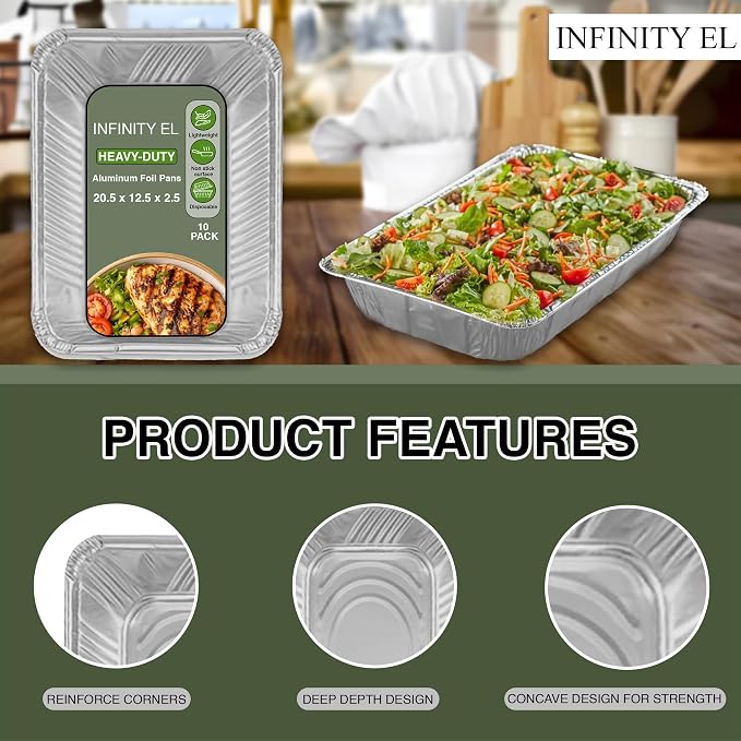 INFINITY EL 10 Pack Aluminum Pans, Disposable Foil Pans, Full Size-Medium | Heavy-Duty Foil Pans 20.5" x 12.5" x 2.5", Serving Trays for Roasting Turkey, Lasagna, Christmas & Parties, Freezer Safe - Image 4