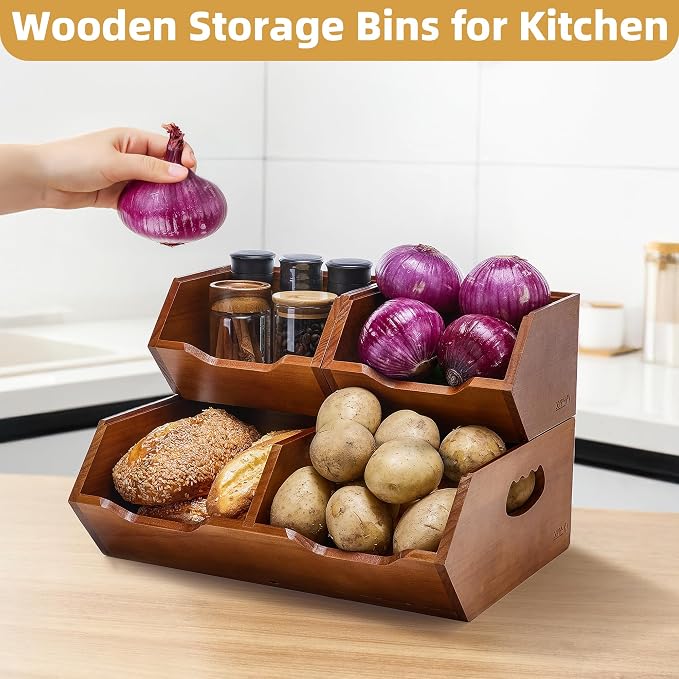 HYPIGO Large Capacity Potato and Onion Storage Bins | Stackable Wood Pantry Storage Baskets, Kitchen Pantry Organizers for Vegetables, Bread, Spices, Set of 3 - Image 2